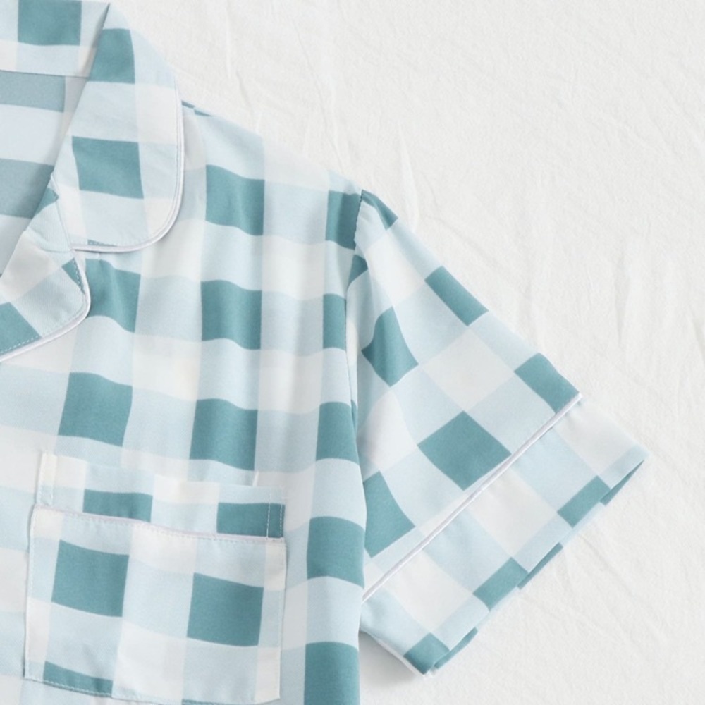 New White & Teal Plaid Shorts Pajama Set - Picture 3 of 5